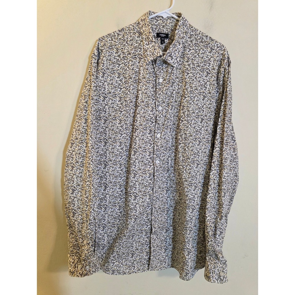 Express Slim 1MX Floral Button Up Shirt Mens XL Tall Tan Olive Long Sleeve